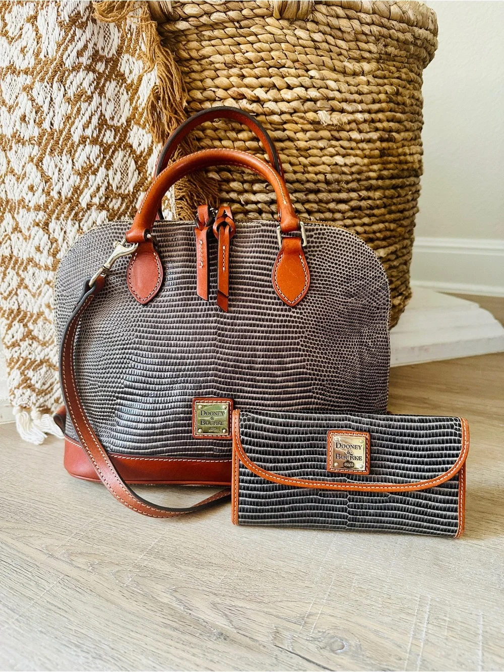 Dooney & Bourke Gray Lizard-Embossed Satchel with Brown Trim and Matching Wallet